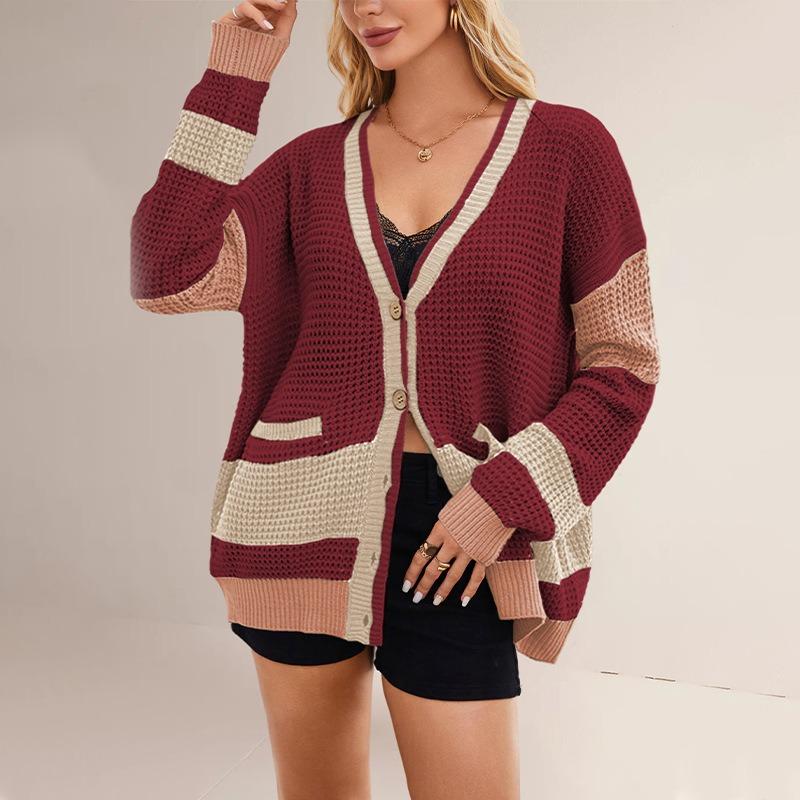 Women's clothing autumn and winter new hot-selling knitted jacket V-neck large-size pocket color matching cardigan sweater women