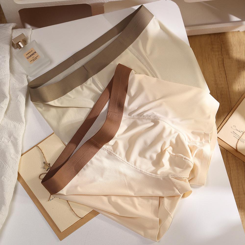 Summer Men's Ice Silk Seamless Boxer Briefs: Antibacterial, Thin, Mid-Waist, Waffle Nylon.