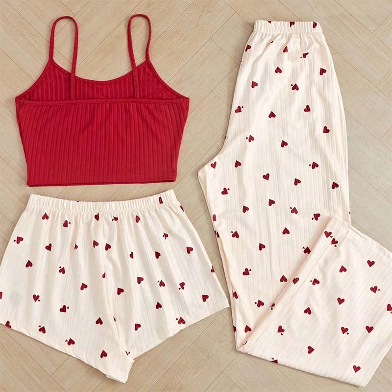 Cross-Border Love Ribbed Camisole Pajama Set - Casual Short & Long Pants for Women