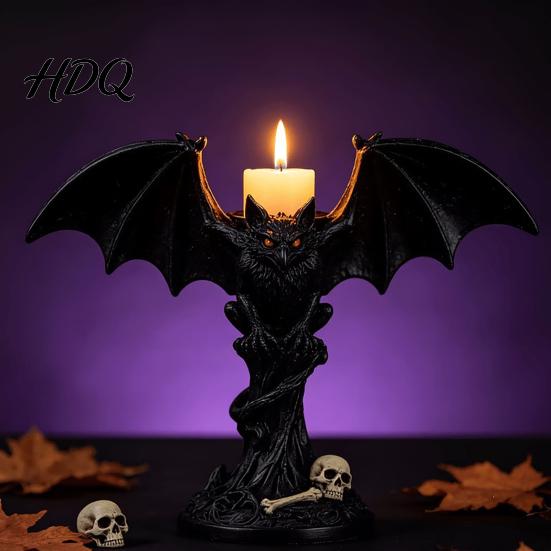 Halloween Bat Candle HolderGothic Tealight Holder Devil Holder, Gothic Winged Candlestick with Tabletop Ornament Red Eyes, Matte Black Sticks