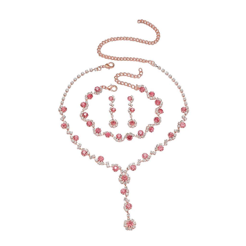 Pink Diamond & Multi-Color Gem Jewelry Set: Necklace, Earrings, Bracelet Trio for Weddings.