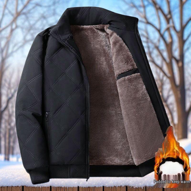 

Men s Warm Lambswool Fleece-lined Cotton Jacket - Thick, Loose Fit, Stand-up Collar, Cold-proof Outerwear XL for 60-67 kg