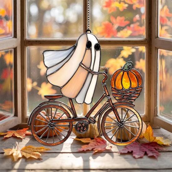 Halloween Pendant Witch Ghost Ride Shape Pendant Image Stained Glass Window Hanging Ornament Festivals Halloween Decoration