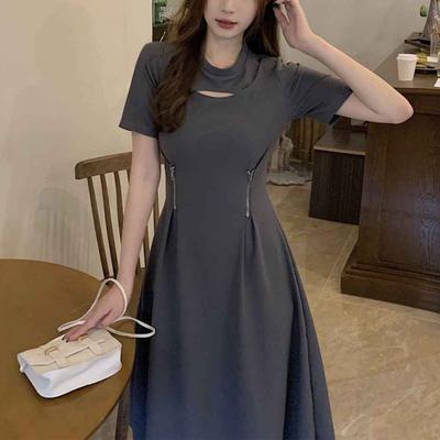 Sukienki w stylu francuskim vintage z ażurowym wzorem, letnie eleganckie z talią w kształcie litery A, odzież damska, stylowa sukienka midi zapinana na zamek, casualowa, w jednolitym kolorze