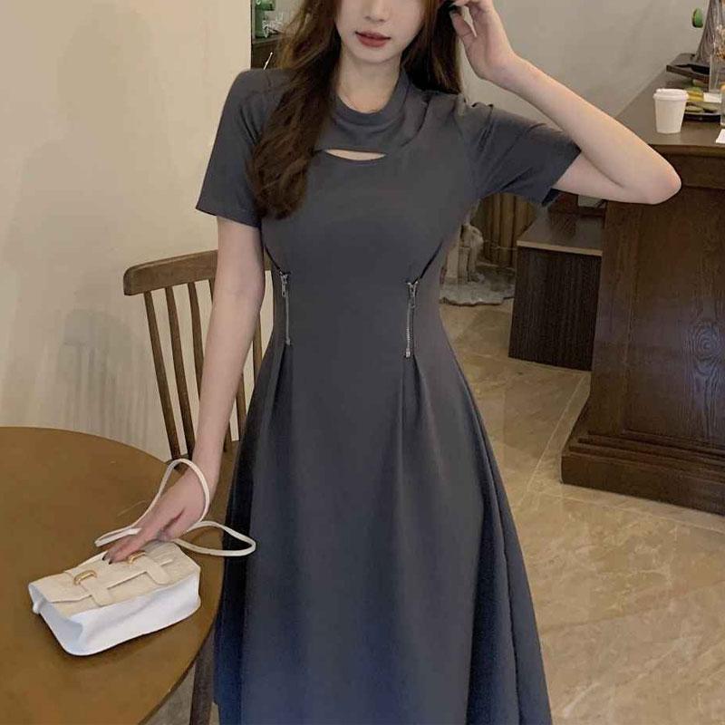 

Платья в винтажном французском стиле с ажурной отделкой, летние элегантные А-силуэта с акцентом на талии, женская одежда, стильное платье-миди на молнии в стиле кэжуал, однотонное 4XL серый