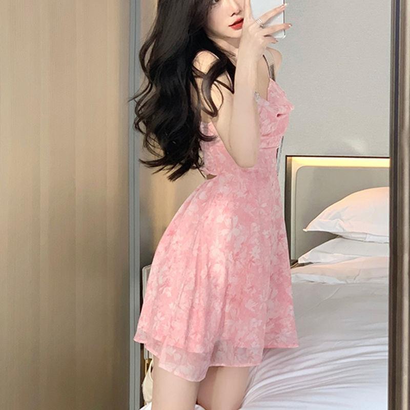 Y2K Pink Romantic Floral Spaghetti Slip Dress Women 2022 Summer Slim Elastic High Waist Party Club Mini Dresses