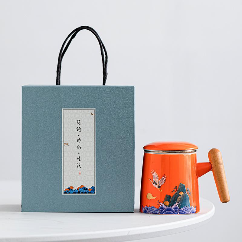 Ceramic Tea Cup with Lid Tea Separation Cup Filter Water Cup Creative Wooden Handle Cup Office Cup Gift Cup Guochao