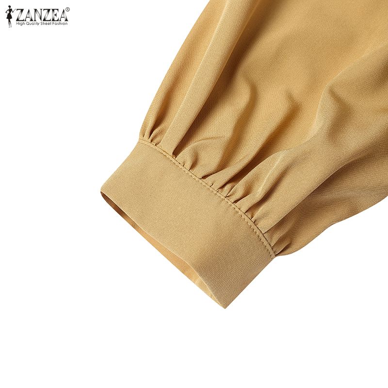 ZANZEA Damen Freizeit V-Ausschnitt Locker Langarm Plissierte Bluse