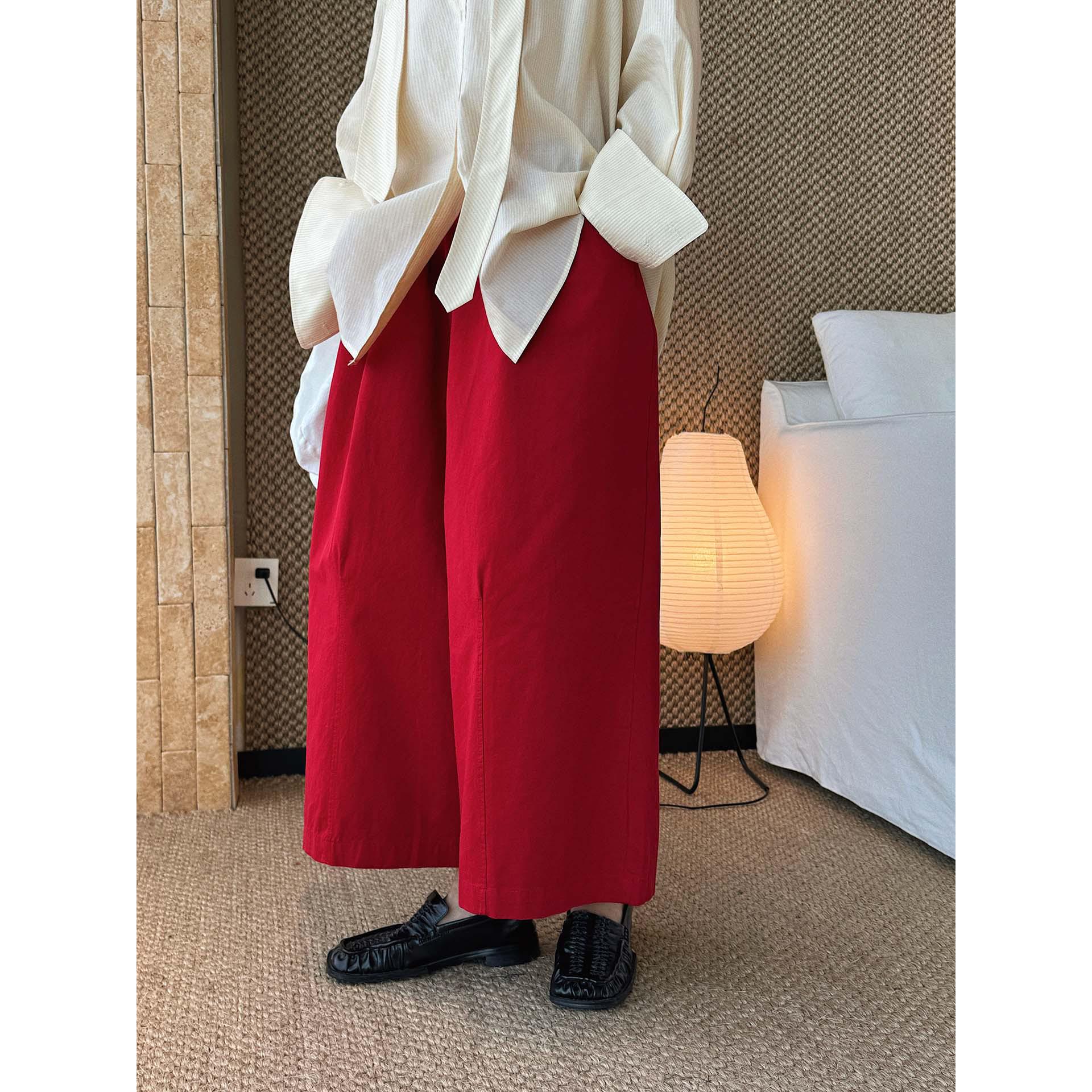 

Spring Japanese Wide-Leg Cropped Pants with Big Pockets for Women One Size червоний