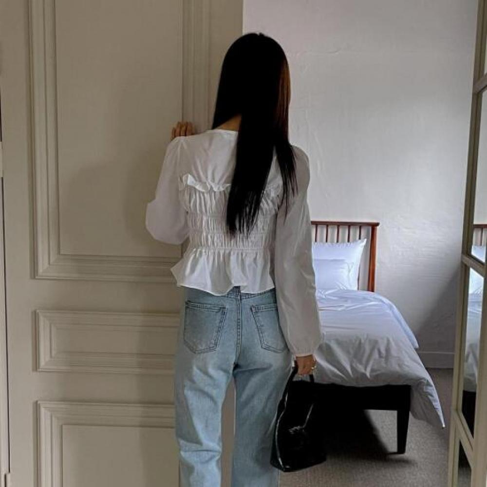 New Arrivals Open Run Roomzel Frill Decoration Volume Cotton Blouse Women