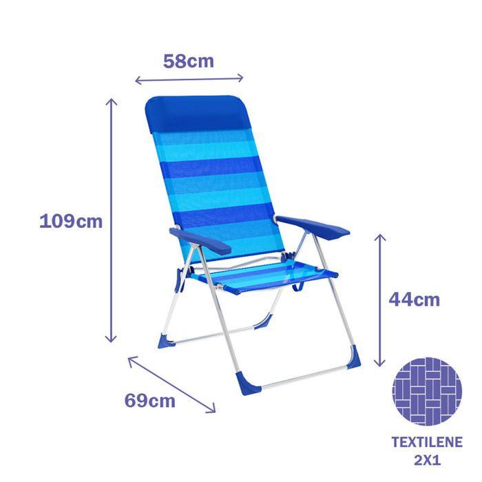 Chaise De Plage Pliable - Marbueno - Rayures Bleu - Aluminium - 5 Positions - Résistante