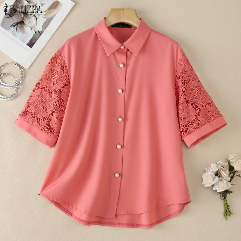 ZANZEA Women Casual Turn Down Collar Lace Splice Half Sleeve Blouse