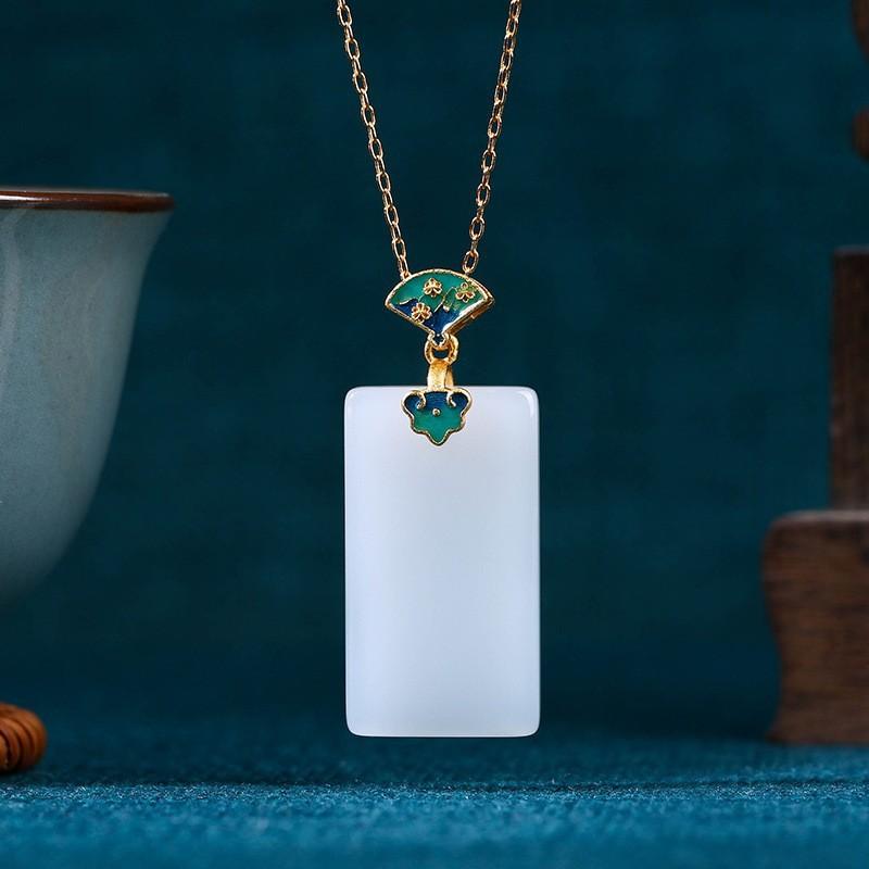 Elegant Chinese-Inspired Enamel Pendant Necklace With Gemstone Accents Women Gold-Plated O-Link Chain 41-50cm Adjustable