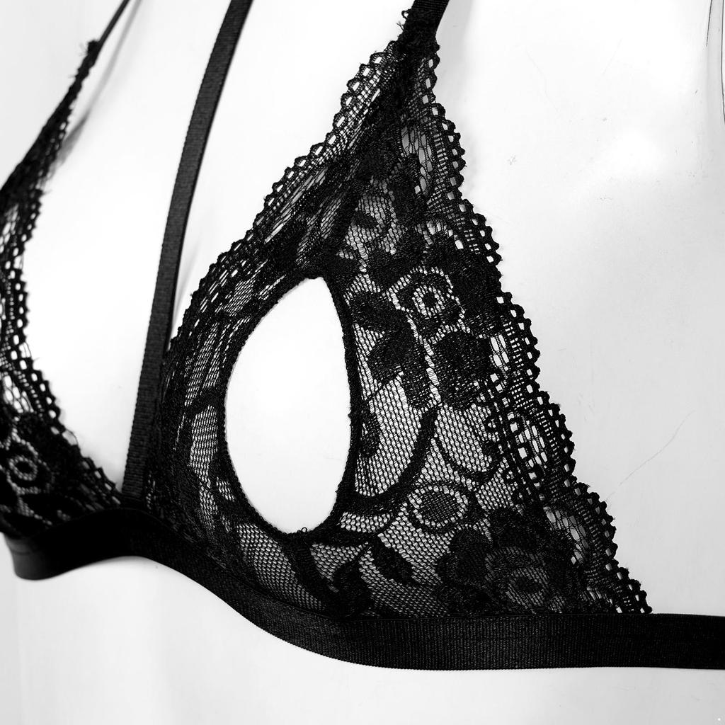 Ladies See-Through Lace Bralette Unlined Strappy Brassiere Adjustable Halter Neck Lingerie for Clubwear Evening Wear