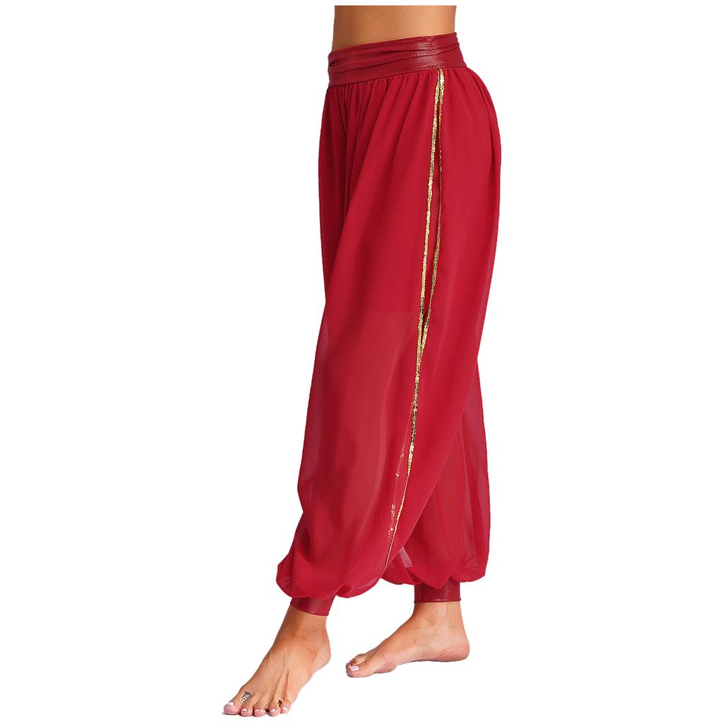 Women's Chiffon Belly Dance Pants Ruched Waistband Side Split Pants Performance Costume