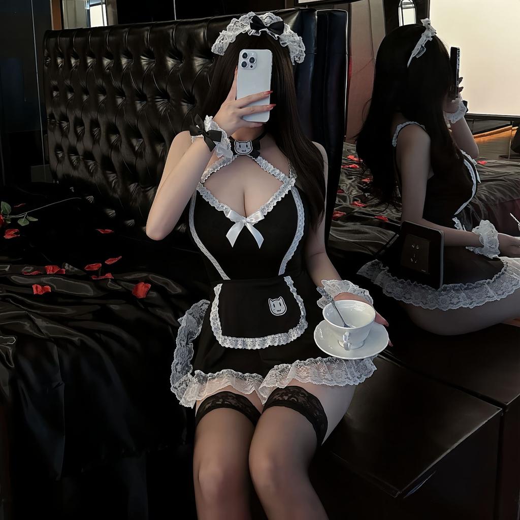 Sexy Pure Perspective Lace Princess Dress Maid Maid Dress Home Pajama Set