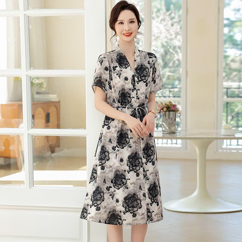 Yalu 2026 Slimming Rose Floral V-Neck Over-the-Knee Dress for Moms 2XL