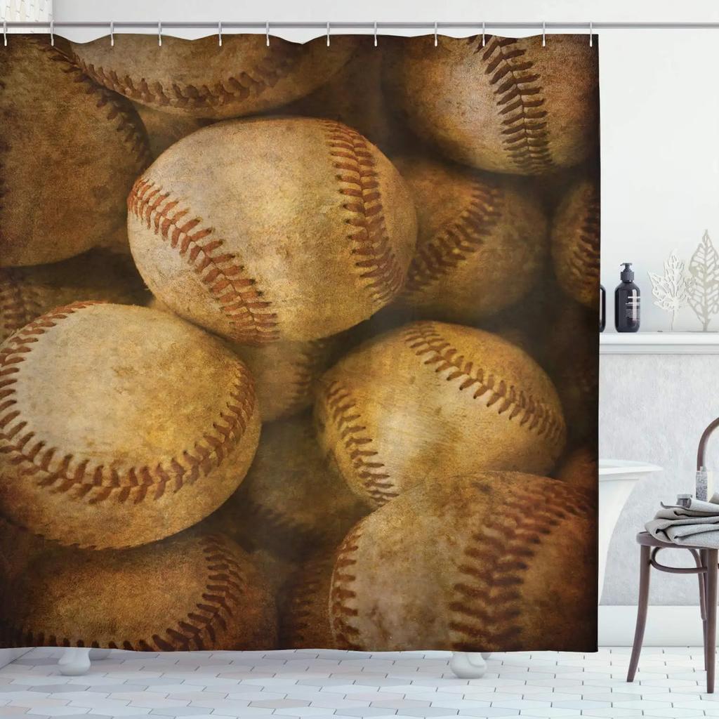 Baseball Shower Curtain Baseball Glove Sports Theme Polyester Fabric Bathtub Screen Home Decor Bathroom Curtains Set with Hooks