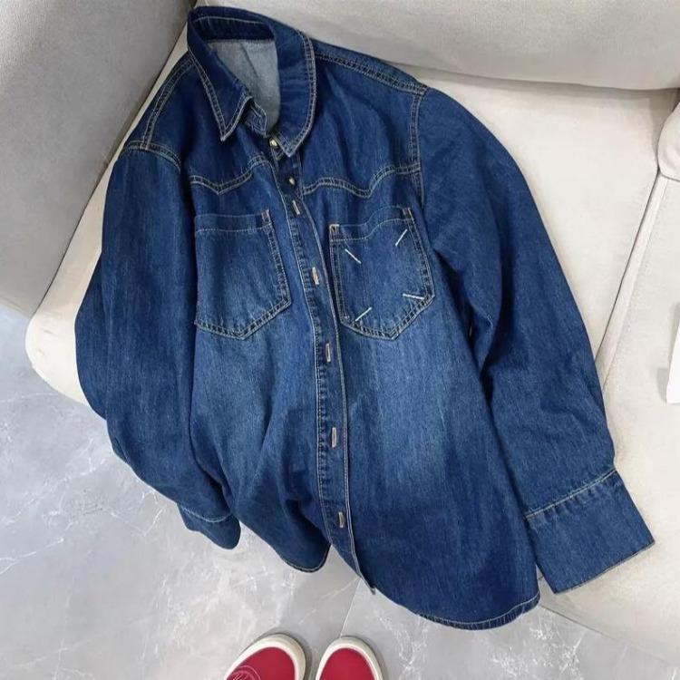 Vintage Denim Blue Blouse for Women Casual Loose Long Sleeve Button Autumn Outerwear