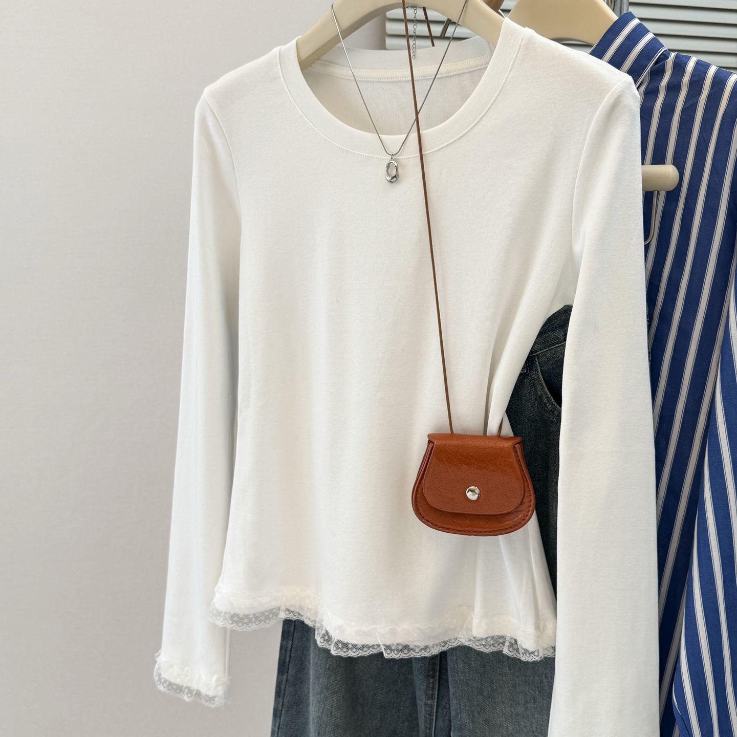 White Lace Hem Long Sleeve Velvet Slim Fit T-shirt - Women s Korean Style for Spring, Autumn, Winter Extra Large белый