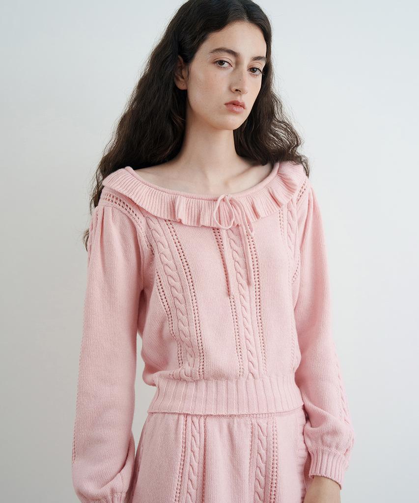 SINOON Ruffle Cable Knit Pullover (Pink)