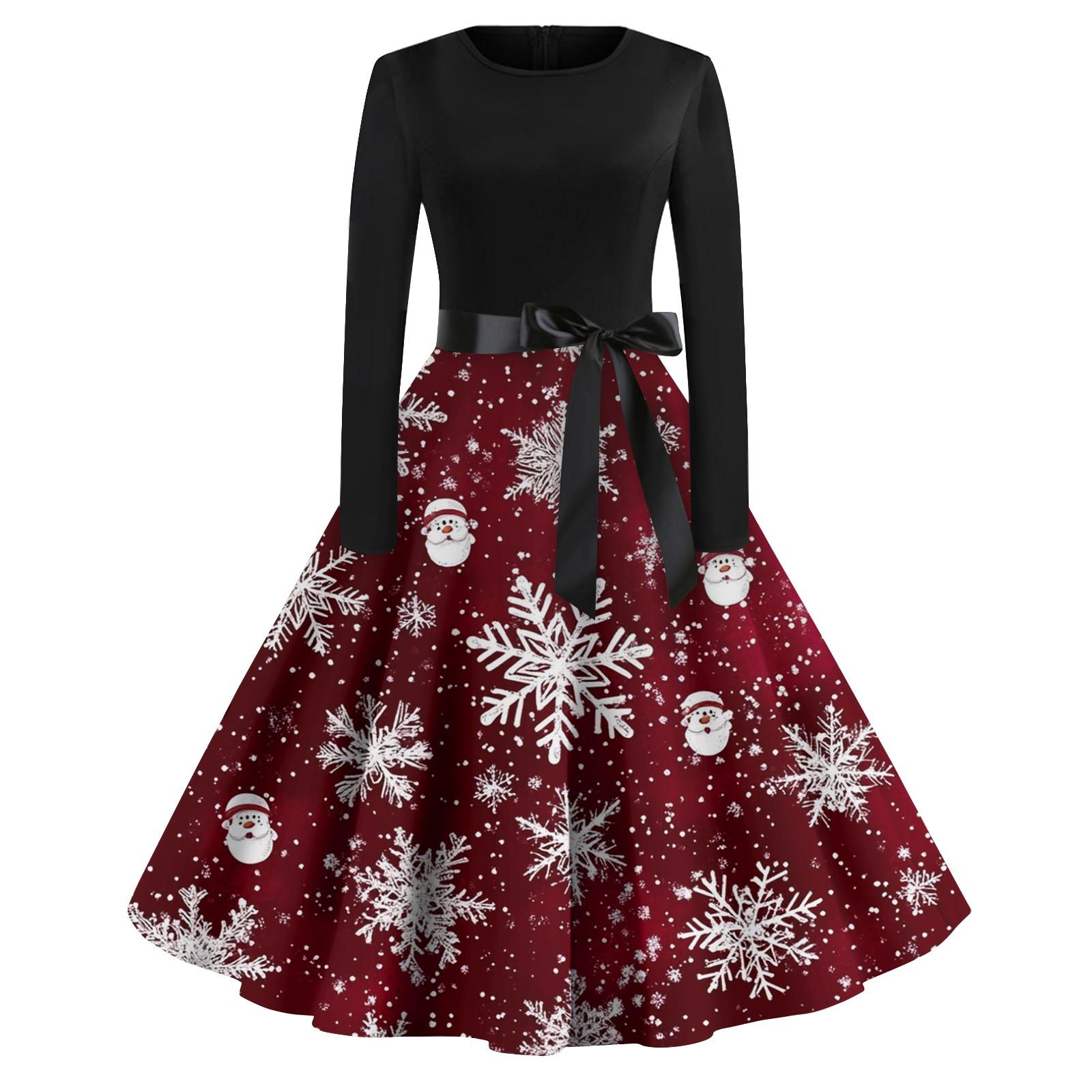 

Женская мода винтаж с длинным рукавом и круглым вырезом с рождественским принтом вечерние платья платья L красный