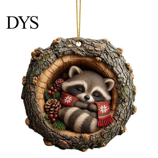 Christmas Tree Pendant Hole Animal Acrylic Ornament, Owl Fox Raccoon Bird Hedgedog Holiday Party Decorations Squirrel Pinecone Pendant, Seasonal
