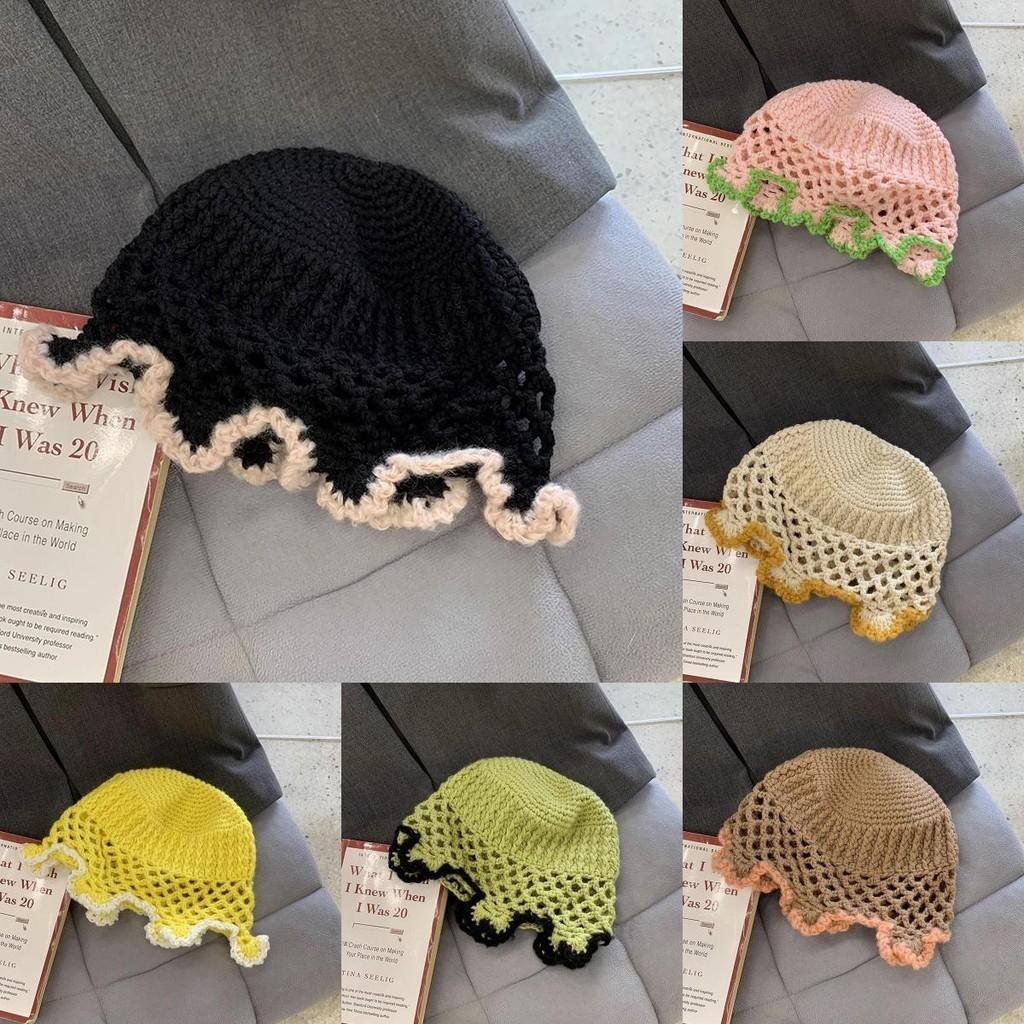 Blue Knitted Wool Cap Women Spring Korean All-match Forest Style Lace Edge Bucket Hat Fashion Big Headband Fisherman Hat