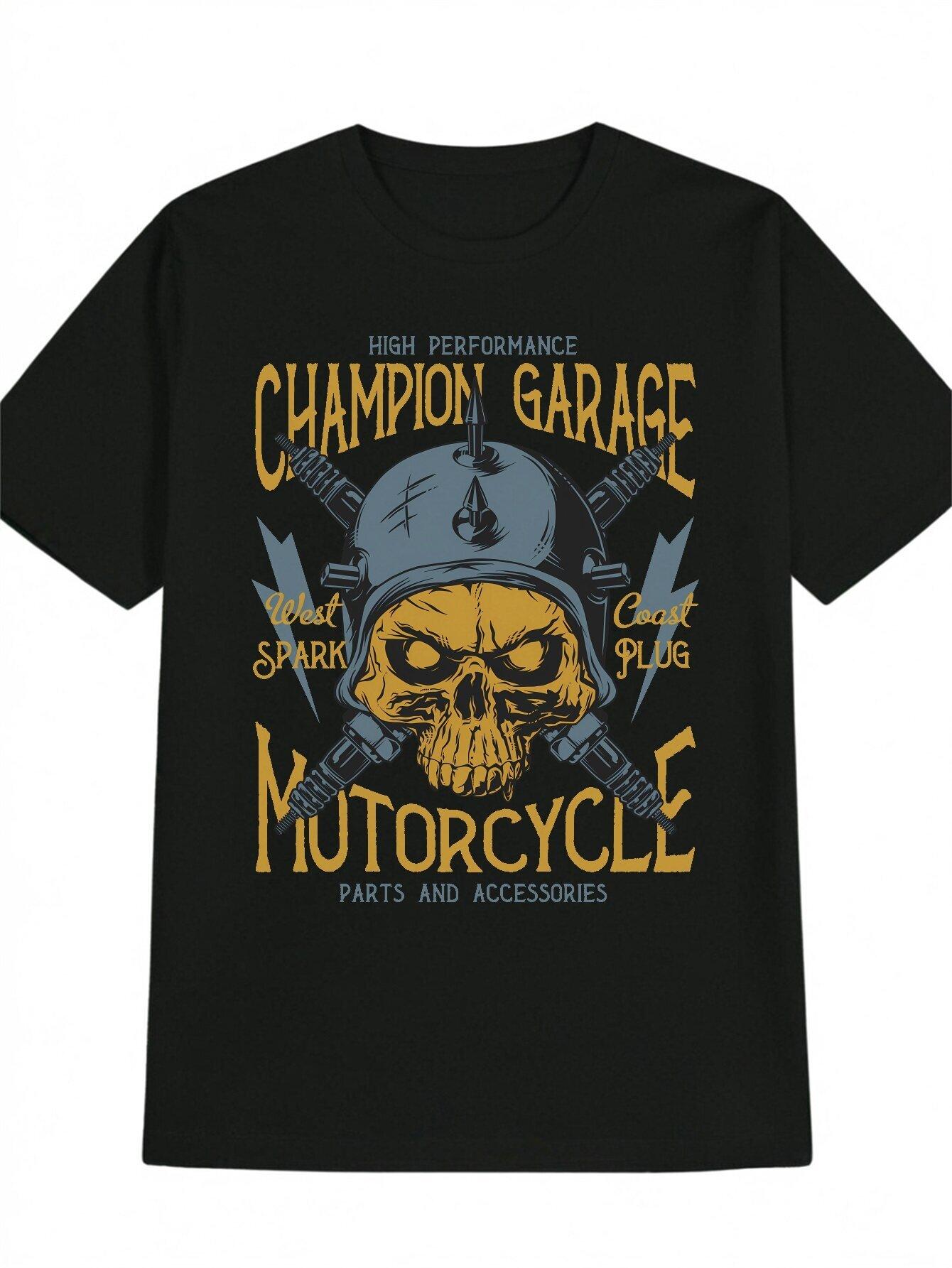 Casual Crew Neck T-shirt with Skull Motorcycle Graphic - Polyester XXL