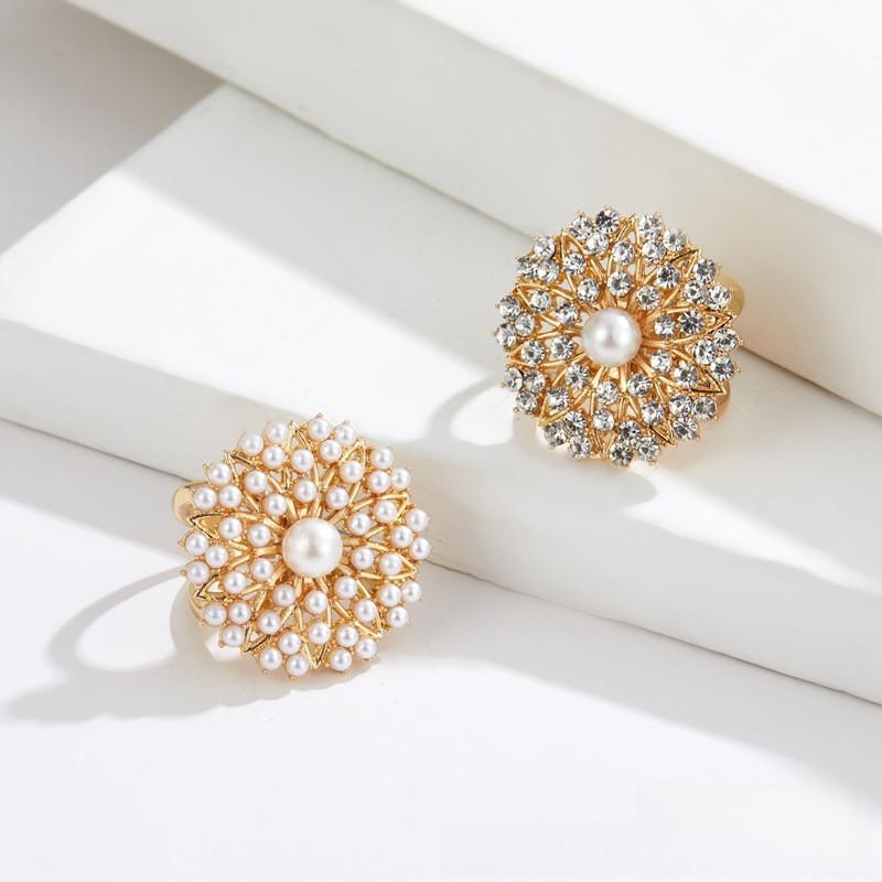 Trendy Pearl Studded Floral Scarf Ring Elegant Alloy Jewelry For Ladies