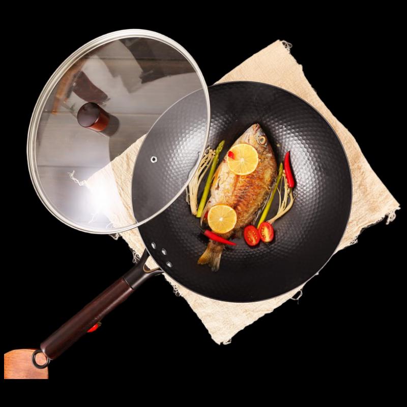 RSFH 32cm Uncoated Cast Iron Wok with Glass Lid