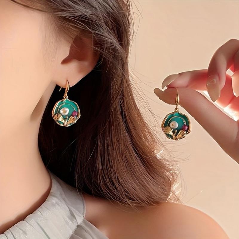 

CAOSHI Oil Painting Style Flower Shape Dangle Earrings with White Imitation Pearl Vintage Gold Color Wedding Zircon for Women