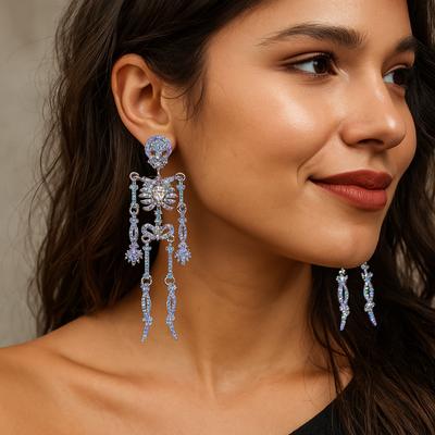 Exaggerate Rhinestone Skull Earrings Shiny Halloween Party Jewelry  Festival Jewelry