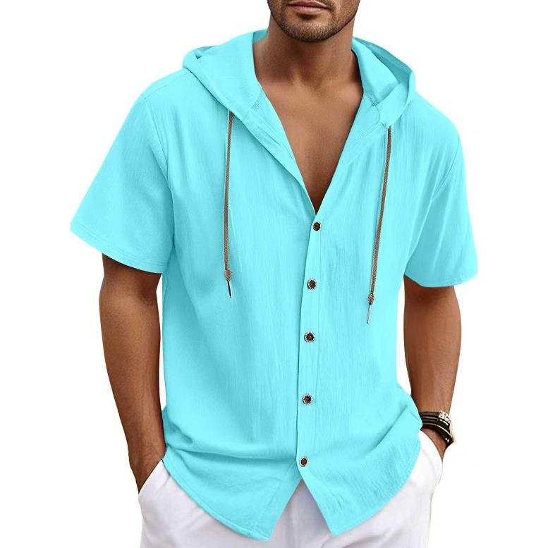 Мужской однотонный кардиган из хлопка и льна, модный, универсальный, свободный, легкий, повседневная рубашка-худи с коротким рукавом для мужчин S небесно-голубой