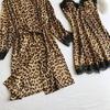Europäisch-Amerikanisches Schwarzes Leopardenmuster Pyjama-Set mit Spitzenbesatz