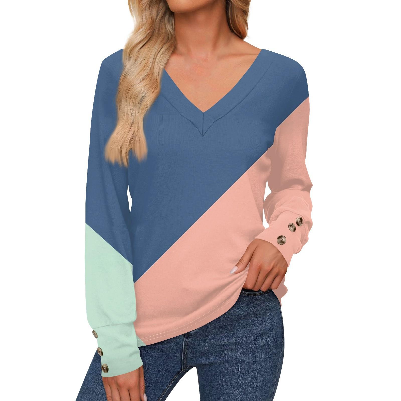 

Женская повседневная модная рубашка с длинными рукавами и манжетами на пуговицах, свободная футболка с V-образным вырезом, осенняя одежда L