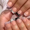 24PCS Short Square False Nails Sweet 3D Strawberry Flowers Design Fake Nails for Women Pink Plaid Lace with Pearl Nails Press On