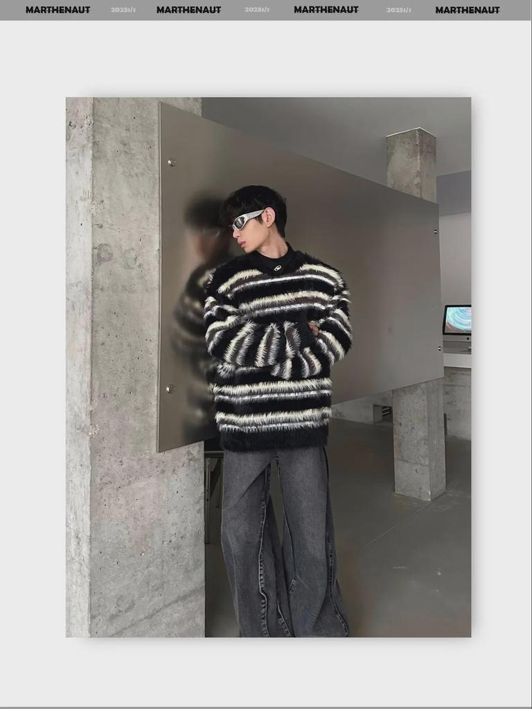 Pánský plyšový mohérový svetr s černobílým pruhem - Špičkový jednoduchý pletený design