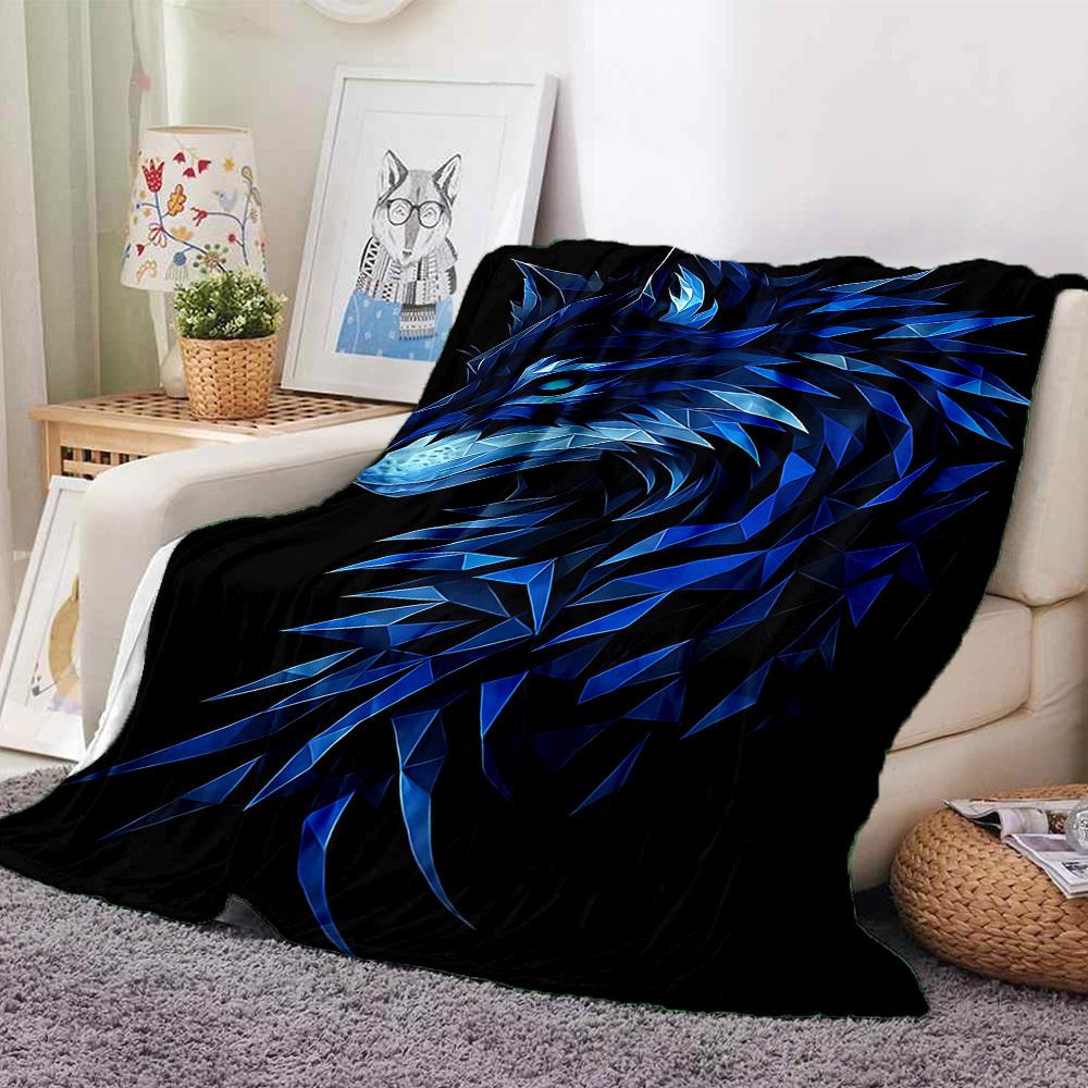 1pc Blue Wolf Head Soft & Warm Polyester Knit Blanket, Digital Printed, All-Season Throw for Napping, Traveling, Sofa yy250906030