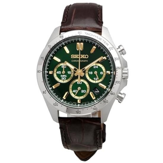 SEIKO 1/5 Second Chronograph Quartz Wristwatch Men SBTR017 Green Brown Leather