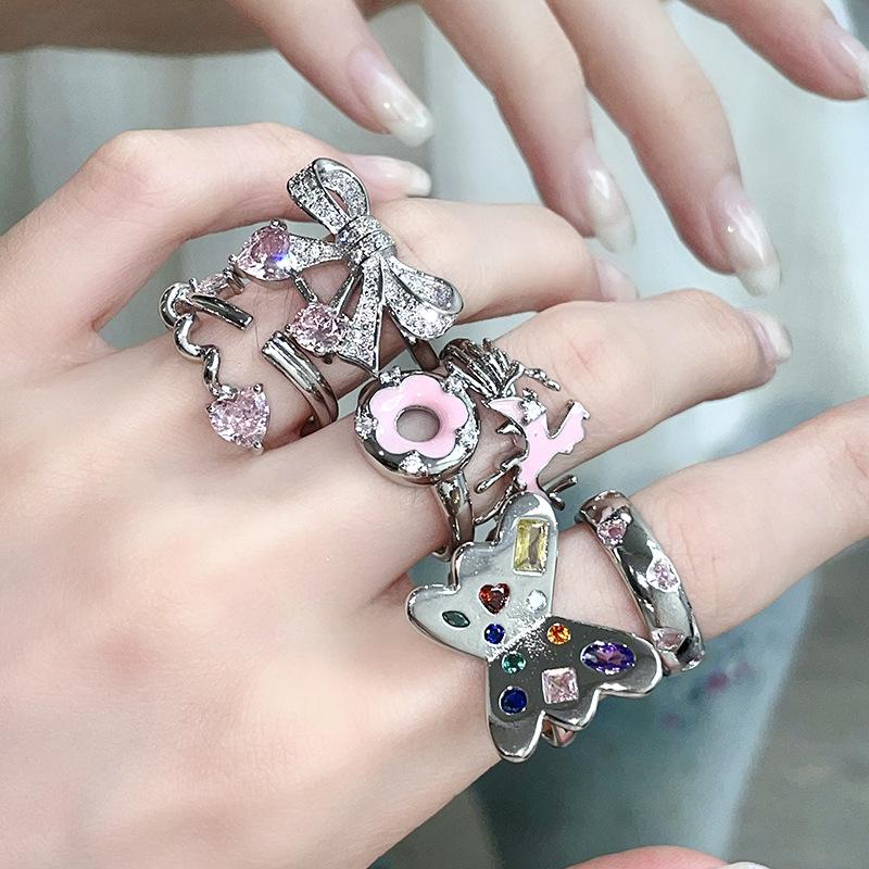 Butterfly Donut Bow Pink Open Ring Personalized Light Luxury Niche Design Cold Wind Index Finger Ring