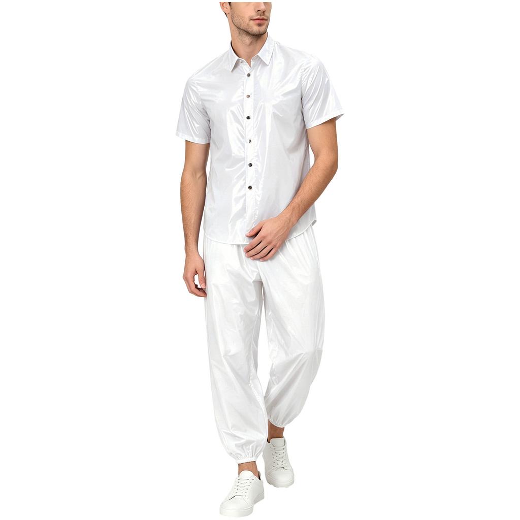 S-3XL Men Waterproof Tracksuit Short Sleeve Front Button Lapel T-Shirt with Elastic Waistband Jogging Pants for Sauna Sweat Rainwear