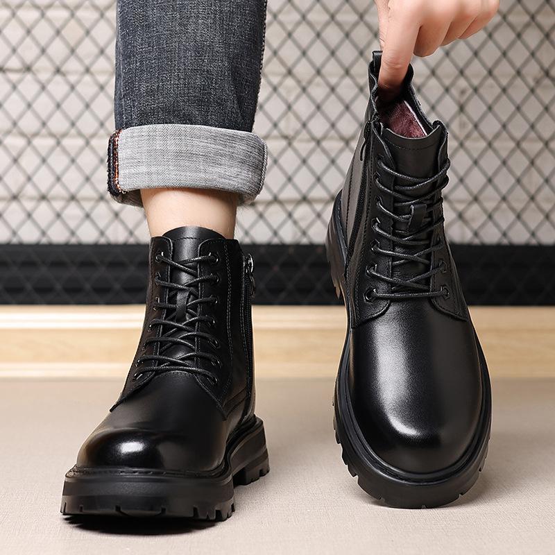 Men's Martin boots Men's winter velvet thickened men's boots Leather popular British style black high-top wool boots