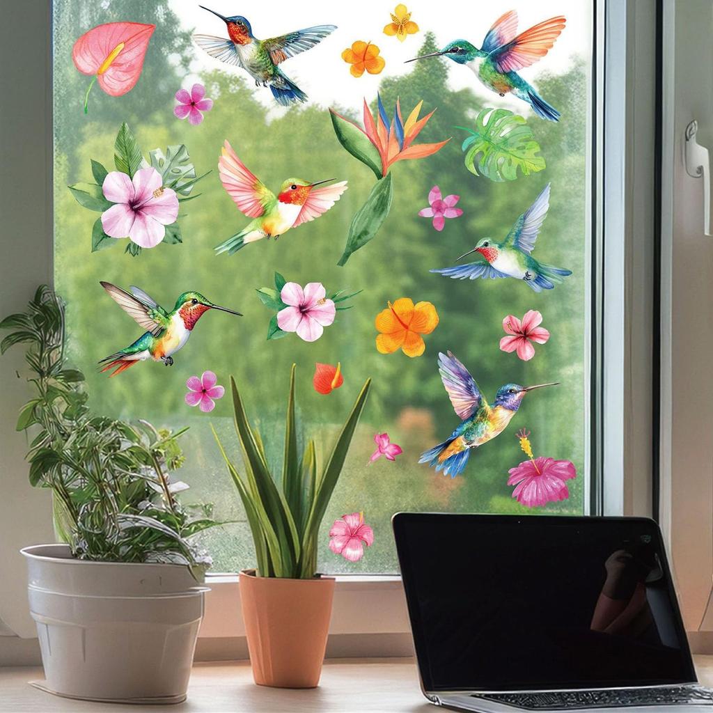 Variety Leaves, Hummingbird & Colorful Birds Window Clings for Glass Windows, Prevent Bird Strikes Double-Side Static Decals Anti Collision Glass