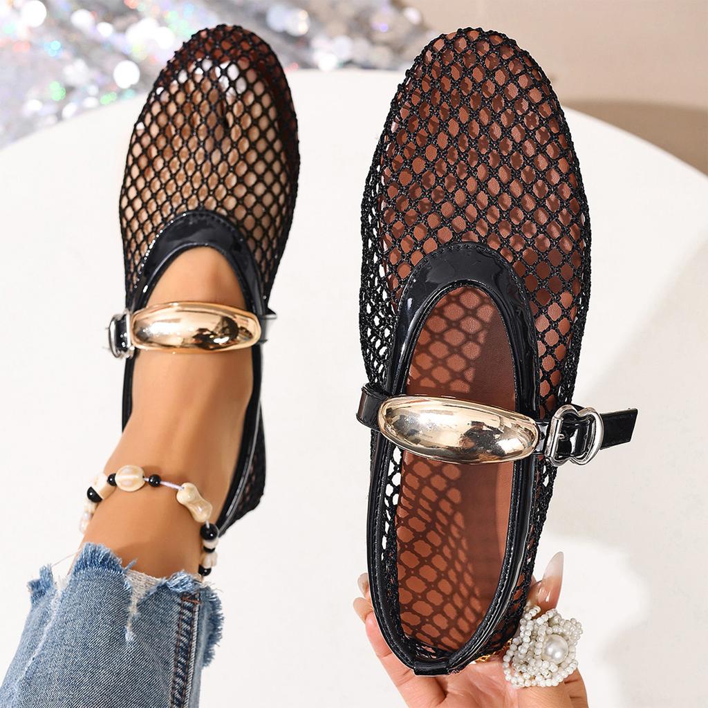 Women's Summer Ballet Flat Sandals Hollow Mesh Breathable Slip On Buckle Closure Comfortable Casual Shoes