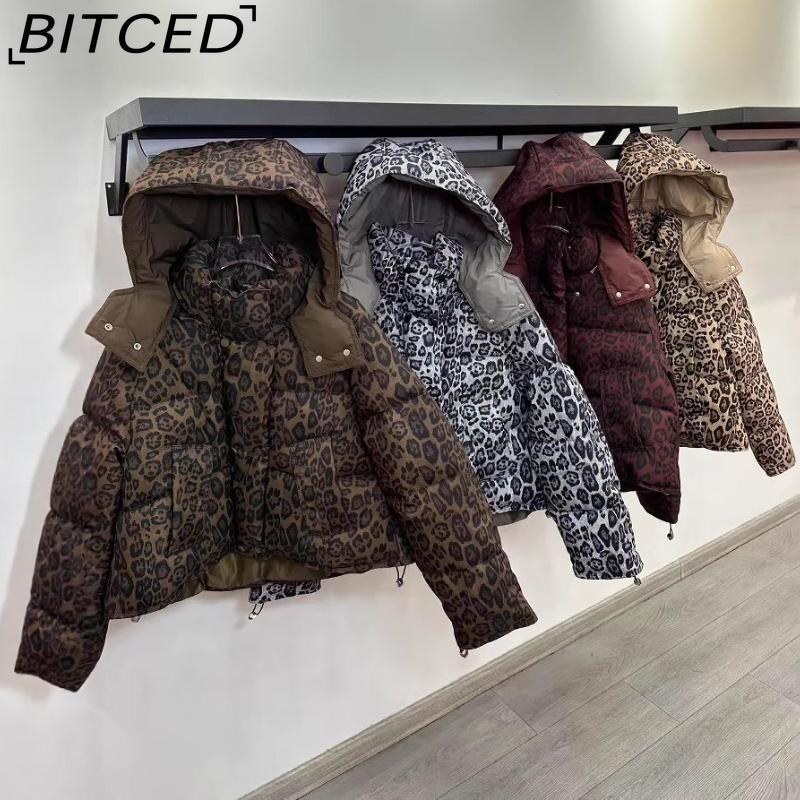 BITCED Short-Length Leopard Print Cotton Jacket for Women with Hood Minimalist Fashion Design, Oversized Fit, Unique Style Cotton Coat