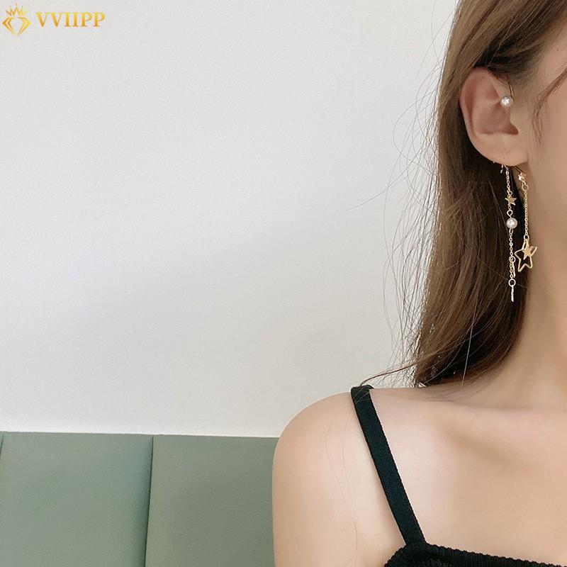 IF ME Korean Fashion Retro Asymmetrical Pearl Star Earrings Personality Exaggerated Tassel Ear Clip Jewelry Accessories