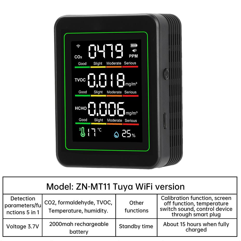 5-in-1 Air Detector Large Color Screen 30 Hours Battery Life Formaldehyde TVOC Temperature Humidity Meter CO2 Detector