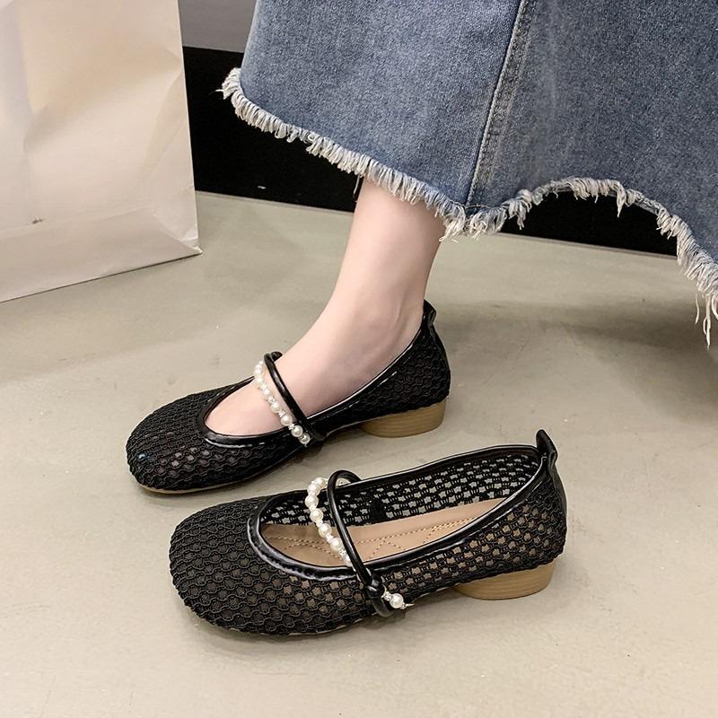 Fashion Slip-on Chunky Single Mary Jane Women's Sandals 2025 New Summer French Cutout Woven Low Heel Mesh Shoes