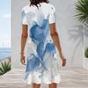Women Plus Size Round Neck Short Sleeve Blue Beige White Printed A Line Dress